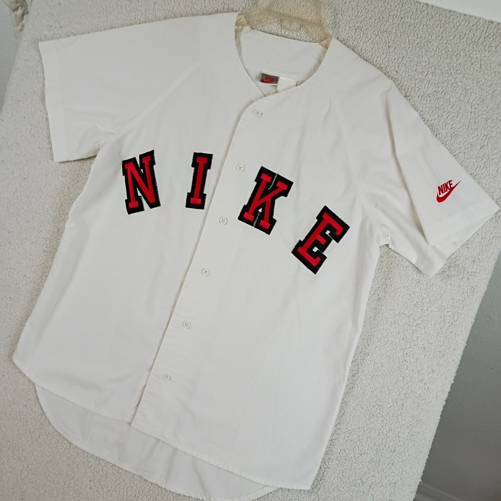 Vintage Nike Baseball Jersey Men M White Patched Spell Out Logo Short Sleeve 90s